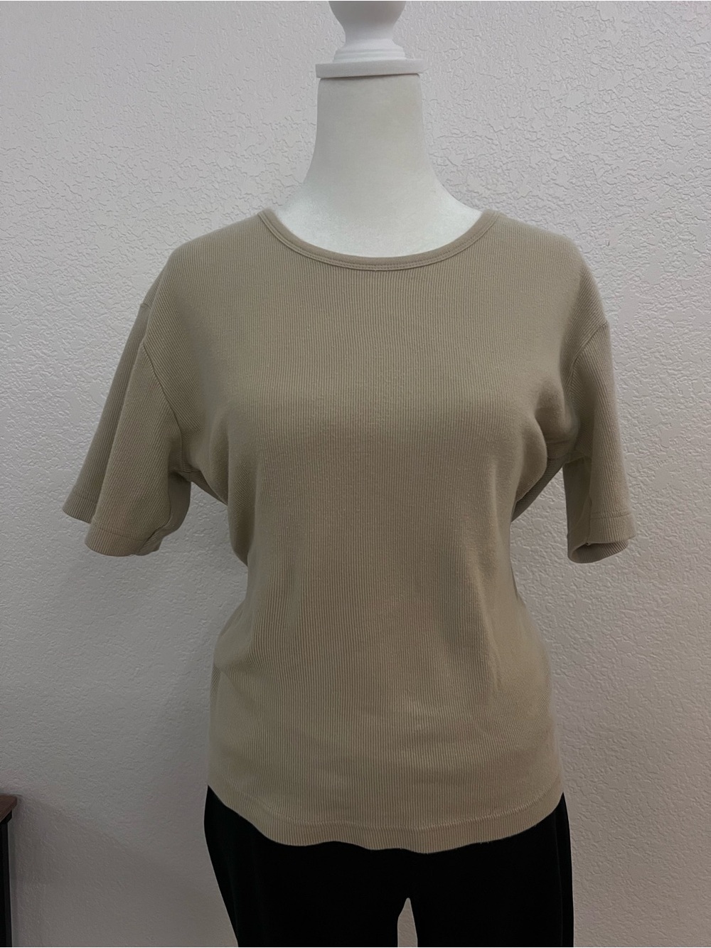 Christopher & Banks Ribbed Knit Top Women’s Large Beige Short Sleeve Stretch